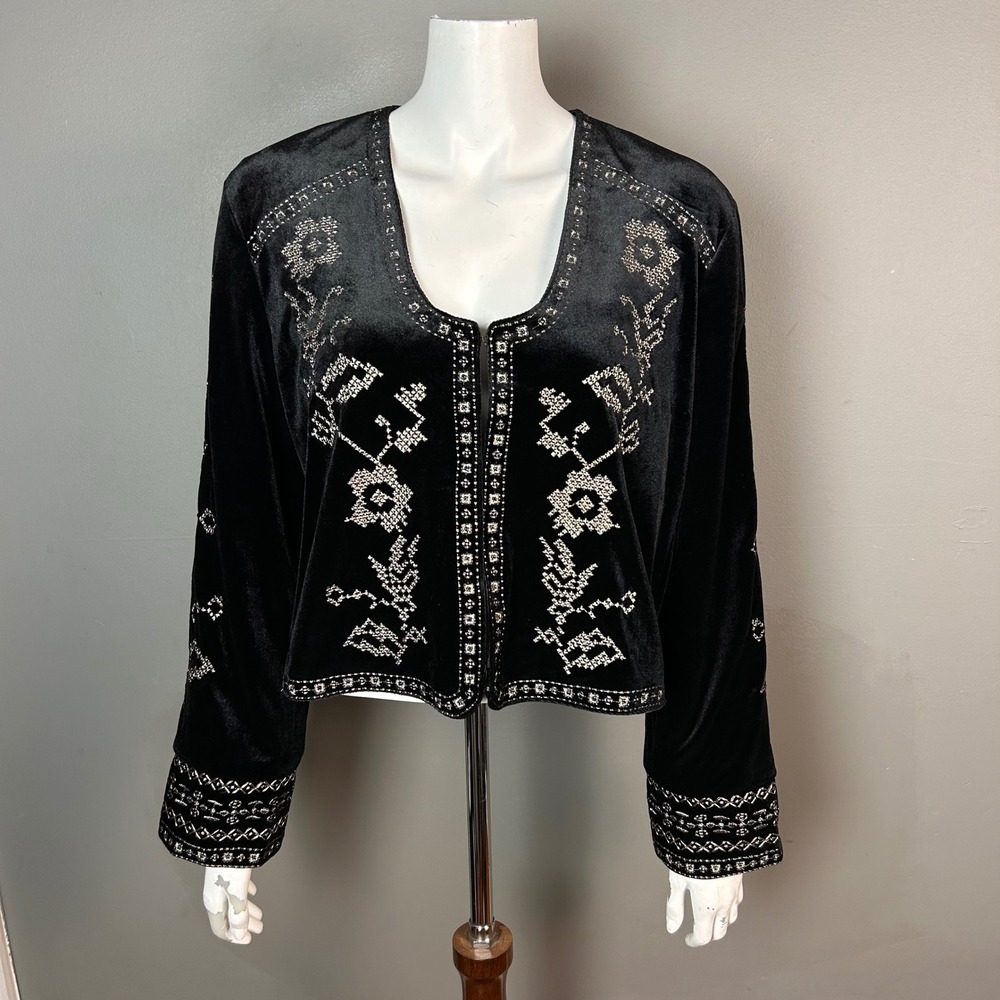 Boho Festival Velvet Jacket Large Black Embroidered Zara Cropped Victorian